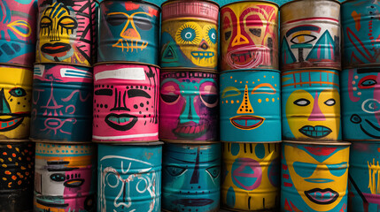 Colorfully painted cans with various facial expressions are stacked, creating a bold, artistic display.