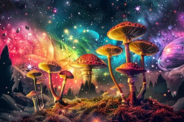 in multi colors Surreal fantasy landscape with colorful mushroom formations and planets in a starry sky Concept: fantasy, surrealism, cosmic, exploration, imagination