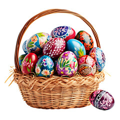 Easter. Beautiful painted eggs lie in wicker basket. Easter eggs. Happy holidays. Isolated