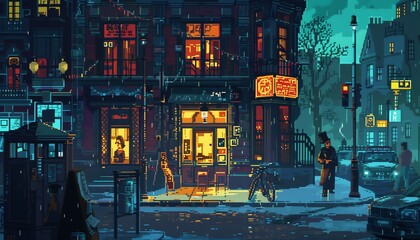 Infuse the essence of detective mysteries into a digital rendering with a pixel art style, showcasing intriguing characters, mysterious clues, and hidden messages on the city streets