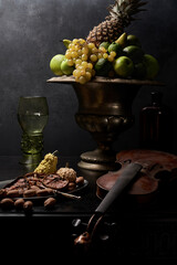 Dark Baroque Still Life: Dramatic Chiaroscuro Composition with Fruits, Antique Violin, and Harvest Delicacies. Old Master Style. © Pawel