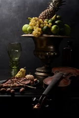 Fotobehang Oude meesters Dark Baroque Still Life: Dramatic Chiaroscuro Composition with Fruits, Antique Violin, and Harvest Delicacies. Old Master Style.  © Pawel