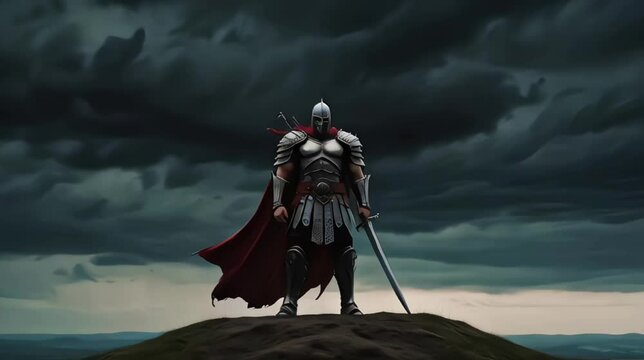 Knight warrior man stand on hill with dark sky