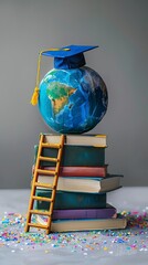 Free photo front view of stacked books, a graduation cap and ladders for education day. 