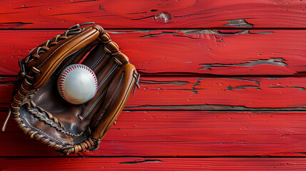 Wooden background with baseball glove holding ball, Generative AI