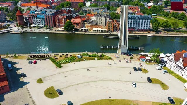Aerial view of the Draw Footbridge over the Motawa River in Gdansk