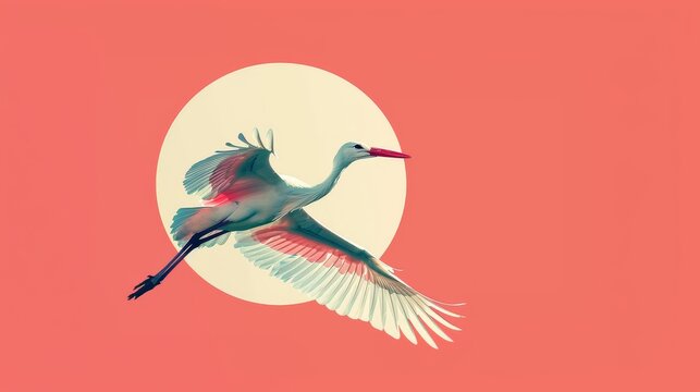 A minimalistic image featuring a stork delivering a compose box in a celebration scene. The abstract background pattern in light red and yellow emphasizes negative space.