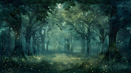 Enchanted Forest Glade Bathed in Ethereal Moonlight with Flickering Fireflies - obrazy, fototapety, plakaty