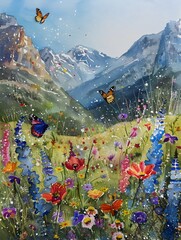 Enchanted Meadow Nestled Between Majestic Mountains,Vibrant Wildflowers Blooming with Fluttering Butterflies in a Mystical Watercolor Landscape