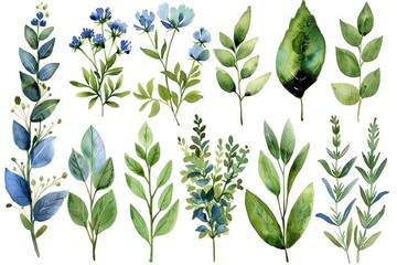 A collection of watercolor drawings of various types of leaves