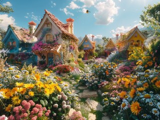Obraz premium In the small village, houses resembling flowers shelter oversized bees as pets under a pastel sky with two suns