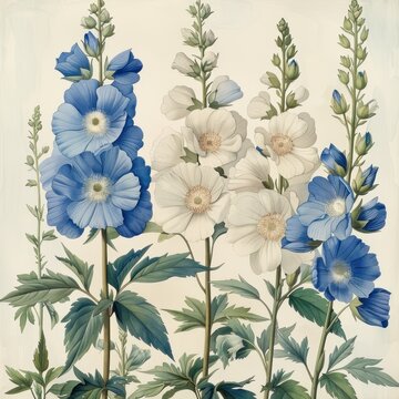 A painting of three flowers with blue and white petals