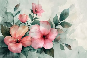 A painting of pink flowers with green leaves
