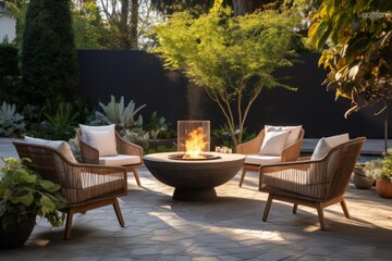 Luxury patio with fire pit overlooking sunset by the lake, outdoor living concept Concept: luxury, relaxation, patio, sunset, comfort relax