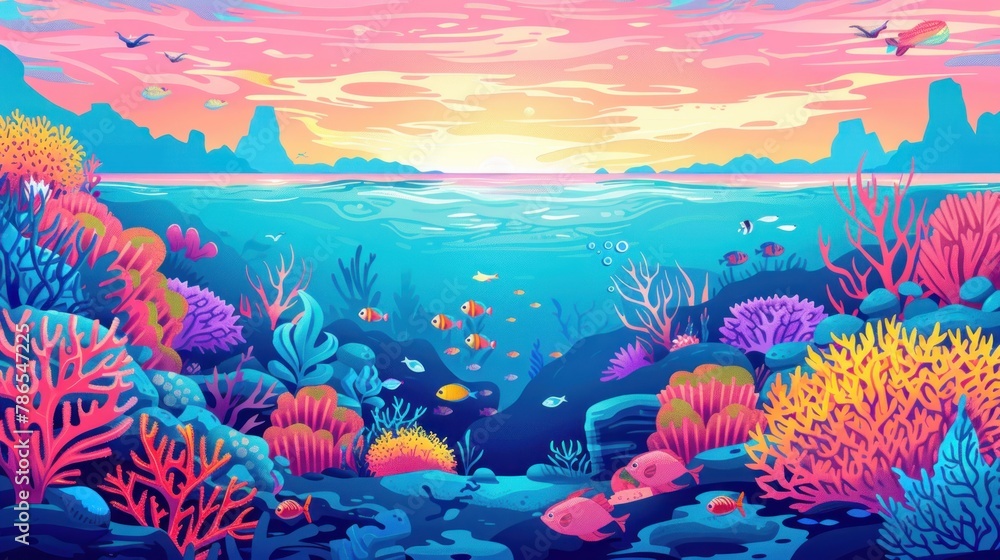Wall mural a colorful underwater scene with a variety of fish and coral - Wall murals