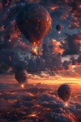 Floating city in clouds, commuters on balloons, vibrant dawn hues, tranquil setting a dreamscape come alive