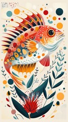 Obraz premium A colorful fish with a red tail is swimming in a sea of green and blue flowers