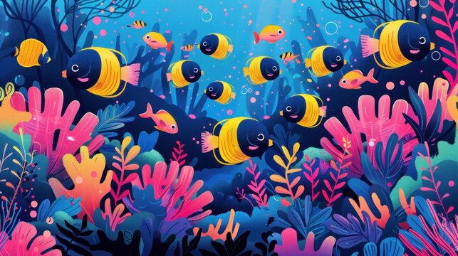 A colorful underwater scene with a group of fish swimming around