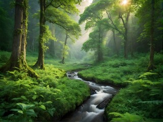 Obraz premium Lush green forest with mountains at sunset, a serene natural landscape