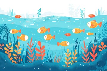 A group of fish swimming in a blue ocean with green and orange plants