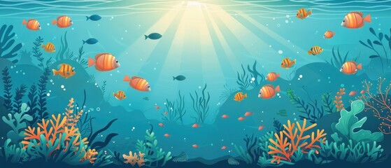 Fototapeta na wymiar A colorful underwater scene with many fish swimming around