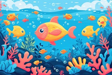 A colorful underwater scene with a yellow fish swimming in the middle