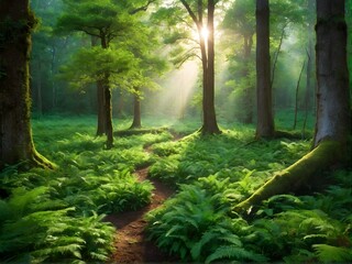 Obraz premium Lush green forest with mountains at sunset, a serene natural landscape