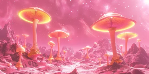 Fototapeten Glowing mushrooms on an alien landscape with a pink starry sky, banner © Aksana