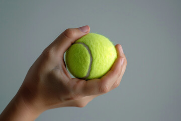 Tennis ball clutched with fingers of hand on gray background.
