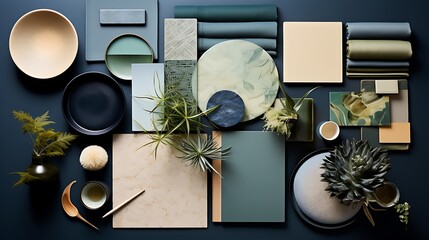 Elegant flat lay composition in green blue and beige color palette with textile and paint samples...