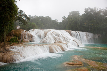 Mexico Agua Azul waterfall on a cloudy winter day