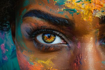 The portrait features exaggerated colors, vibrant surreal hues on the face, expressive eyes, and an abstract background