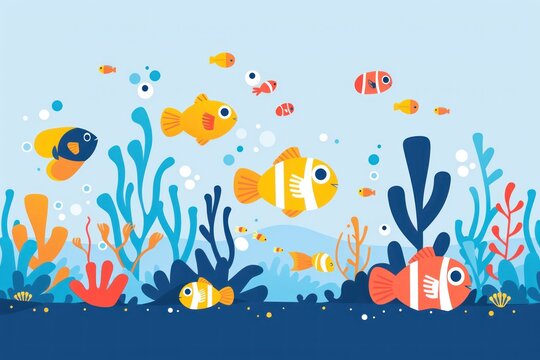A colorful fish swimming in a blue ocean with other fish in the background