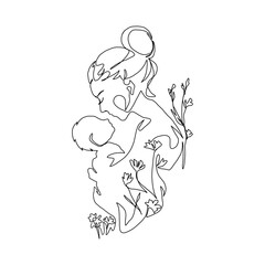 Continuous Line Art of Motherhood, Baby flowers, Happy Mother day card, one line drawing, parent and child silhouette hand drawn. Vector illustration