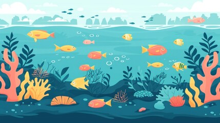 Naklejka na ściany i meble A colorful underwater scene with many fish swimming around