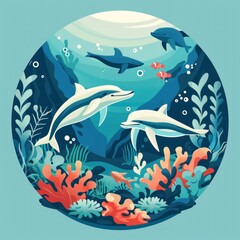 A painting of three dolphins swimming in the ocean with a fish in the background