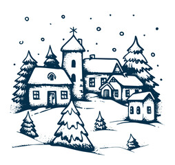 Christmas home and tree, Sketch, Pictogram Art, Black on white image	
