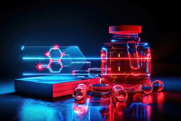 In the quiet of the lab, a chemist studies a new compound that could revolutionize drug discovery, its structure magnified, closeup - obrazy, fototapety, plakaty