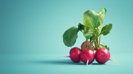 Radishes A photorealistic illustration against pastel blue background with copy space for text or logo, beautifully illuminated by studio lighting 