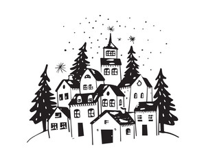 Fototapeta premium Christmas home, Sketch, Pictogram Art, Black on white image