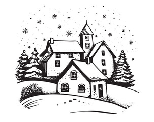 Christmas home, Sketch, Pictogram Art, Black on white image