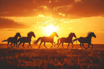 Fototapeta na wymiar Horses silhouettes galloping across field at sunset. Herd of wild horses