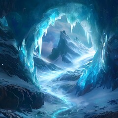 Frozen Tundra Landscape with Glowing Ice Cavern