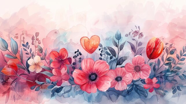 A watercolor painting of a bouquet of flowers with a heart in the center