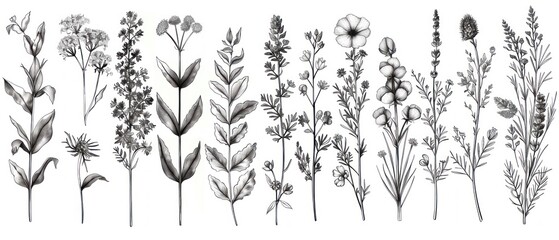 A series of black and white flowers are shown in various sizes and positions