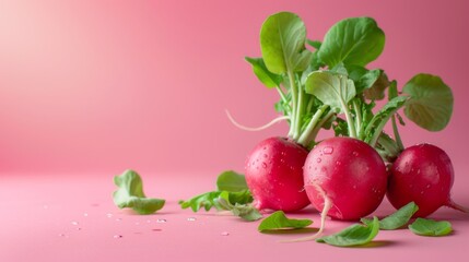 Radishes A photorealistic illustration against pastel pastel pink background with copy space for text or logo, beautifully illuminated by studio lighting 