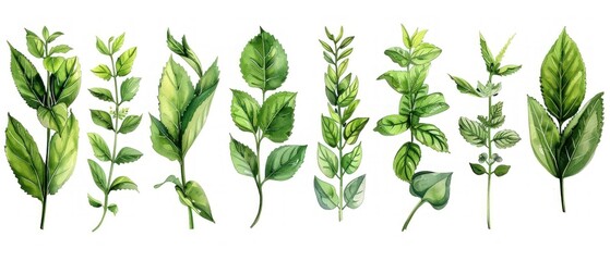 A row of green leaves with some of them being smaller than others - obrazy, fototapety, plakaty