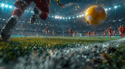 Exaggerated sports match movements: players leap ten feet high, glowing ball moves dynamically - obrazy, fototapety, plakaty