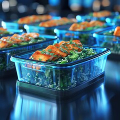 Meal prep containers filled with quinoa and grilled chicken offered a closeup of balanced meals designed for muscle gain - obrazy, fototapety, plakaty