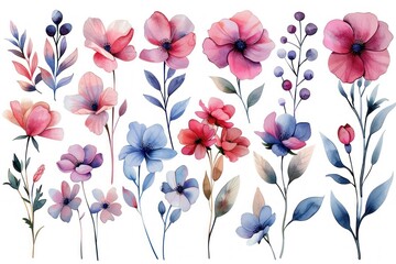 A collection of watercolor flowers in various shades of pink and blue